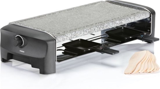 Raclette-grill met granieten plaat, vier pannetjes en een stapel spatels, met Princess logo.