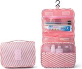 Toilettas roze met witte strepen - Met haak - Cosmetic bag - Organizer voor toiletartikelen - Travel bag - Reisartikelen - Met print - Ophangbare toilettas - Vrouwen - Dames – Meis