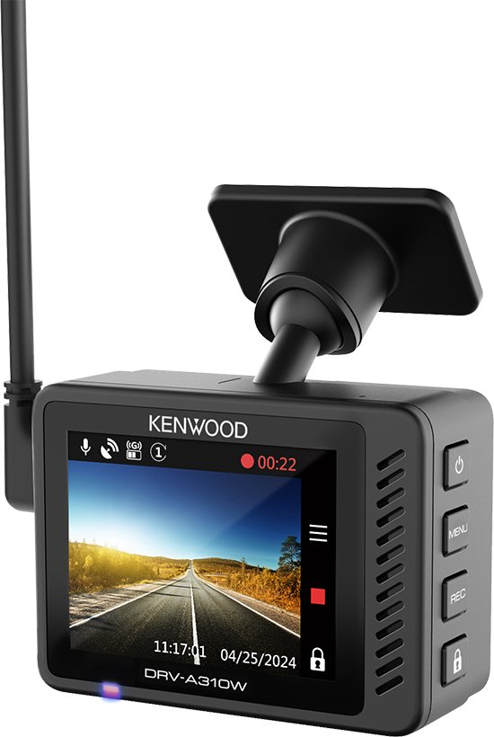 Kenwood DRV-A310W dashcam met scherm dat een weglandschap opneemt.