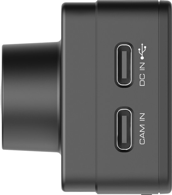 Zijaanzicht van de Kenwood DRV-A310W dashcam met DC IN en CAM IN poorten.