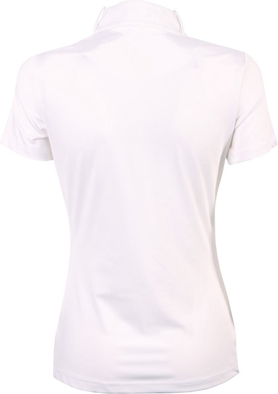 Achterkant van een wit rij-T-shirt met korte mouwen en een rits aan de voorkant.