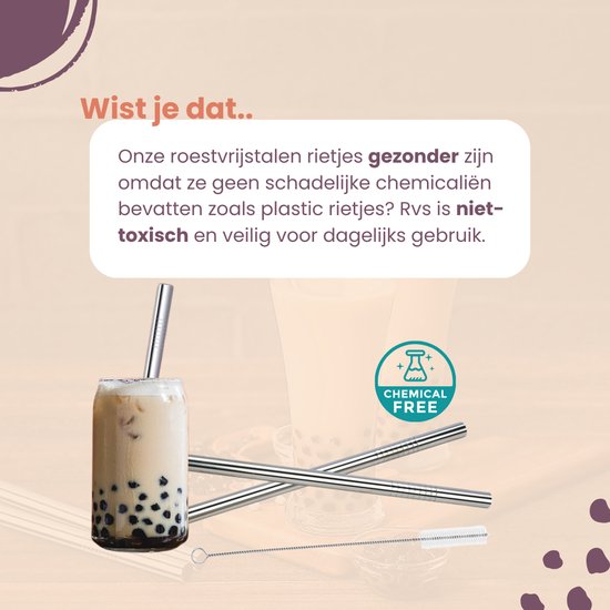 Een glas bubbelthee met een zilverkleurig rietje, met de tekst 'Wist je dat..' en een 'Chemical Free' icoon.
