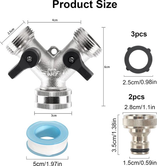 2-weg verdeler water 3/4 inch, wateraansluiting verdeler, Y-verdeler wateraansluiting van 2 apparaten met aparte schakelaar voor gebruik op wasmachine, keuken, tuin, gazon