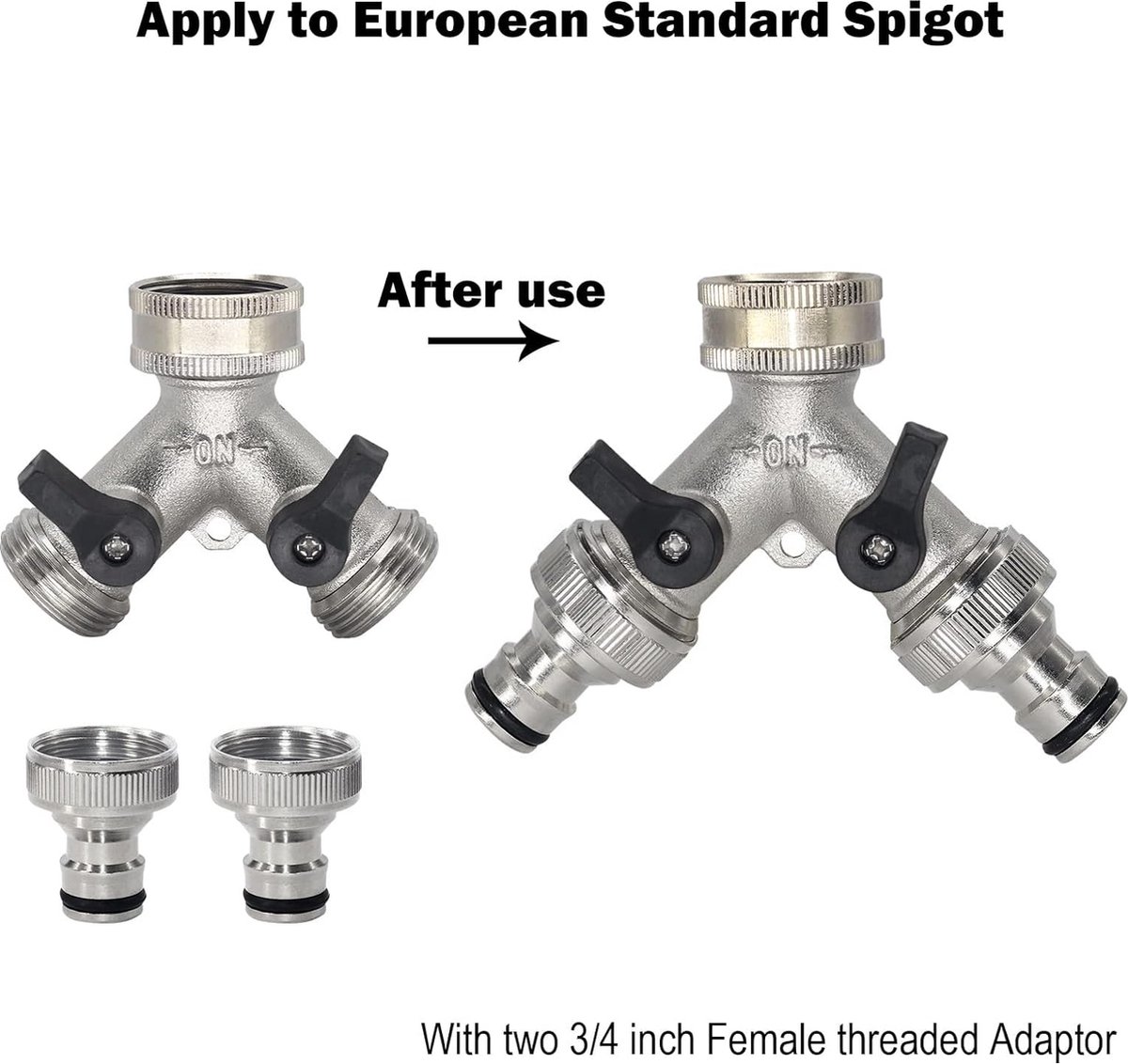 Y Stuk kraan splitter - Y-stuk 3/4 - Y Stuk kraan - Kraan Splitter - voor wasmachine - Waterverdeler 2-weg - voor gebruik in huis en tuin - G 3/4" waterverdeler - Buitenkraan - tuinslangaansluiting - Met accessoires - Europese Kranen - Lange uitloop — afbeelding 4