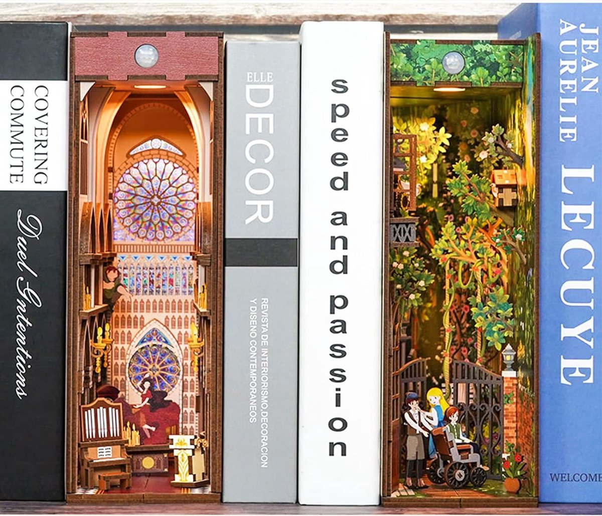 Tonecheer The Secret Garden Book Nook Bouwpakket - Modelbouw - 18,2 x 8 x 24,5 cm - Houten 3D Puzzel - Boekensteun - LED-licht - Bewegingssensor Licht - Boekenhouder — afbeelding 15