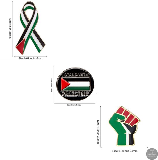 Broche Palestijnse vlag – Stand with Palestine – No War – vlag van Palestina - Free Gaza - Set van 3 stuks