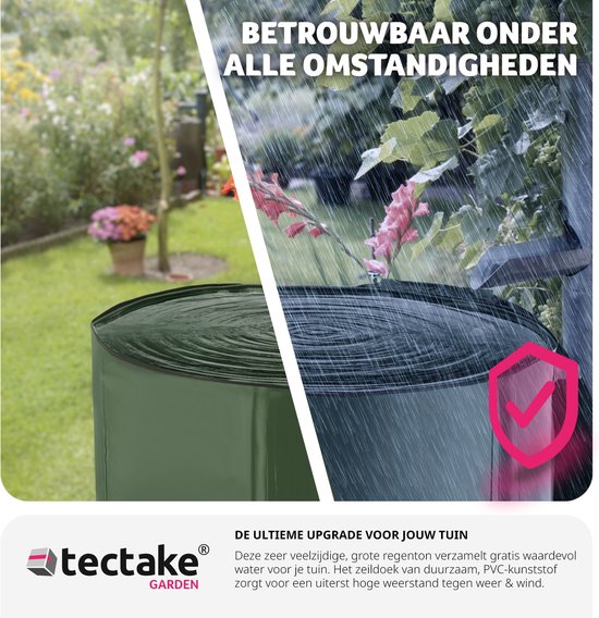 Groene opvouwbare regenton onder de regen, met textuele promotie voor tuin.