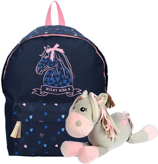 Milky Kiss Rugzak - schooltas - Blauw - inclusief pluche Knuffel "Stars"