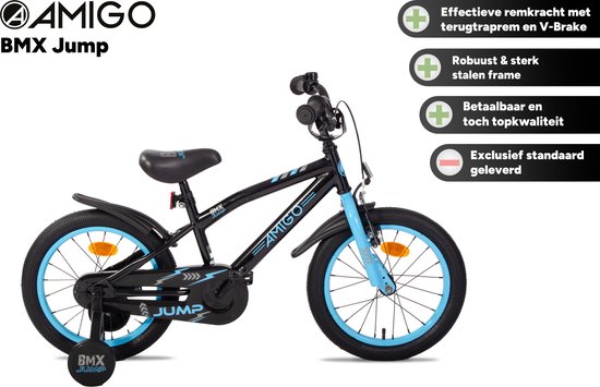 AMIGO BMX Jump Jongensfiets 16 Inch - Kinderfiets voor 4 tot 6 Jaar - 100-115 cm - Met Zijwieltjes - Zwart/Blauw — afbeelding 2