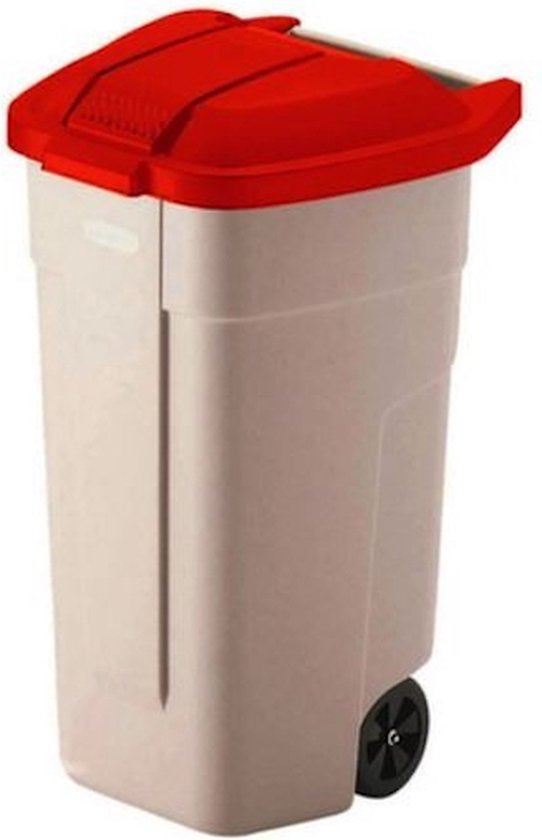 Afvalbak voor buiten 100 LTR, RUBBERMAID beige met rood deksel