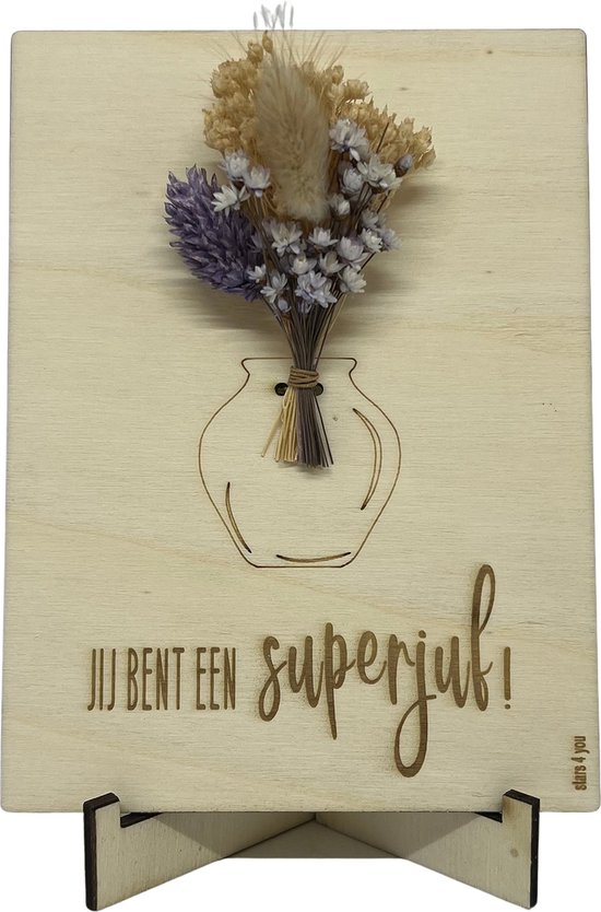 Houten kaartje en droogbloemen JUF | LILA | bedankt lieve juf | jij bent de liefste | liefste juf | topjuf | einde schooljaar | cadeau