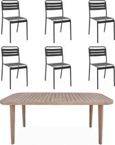sweeek - Fsc eucalyptushouten tuintafel, binnen/buiten + 6 metalen stoelen