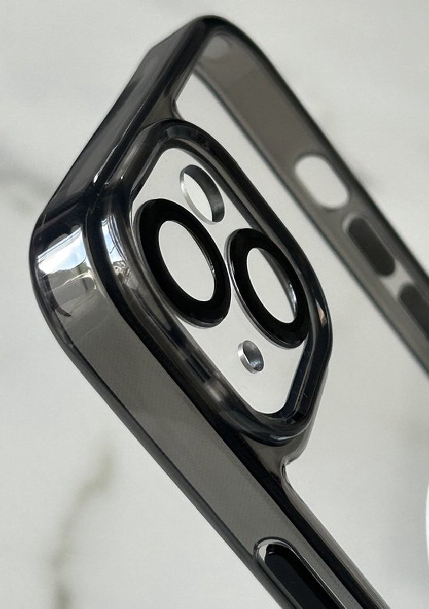 Anti-Yellow TPU/PC Hoesje - Geschikt voor iPhone 15 - Met Cameralens Glas Bescherming – Transparant/Zwart – 2.5mm Dikte