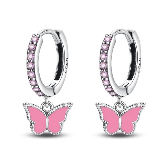 Oorbellen meisje vlinder - zilver - glitter - roze - glinster - diamant
