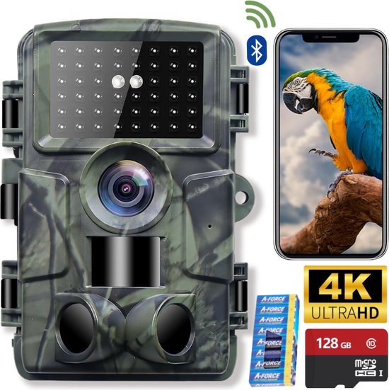 Foto: Wildcamera met nachtzicht voor buiten wifi app 4k 60mp oplaadbaar incl 128gb sd en 8 batterijen