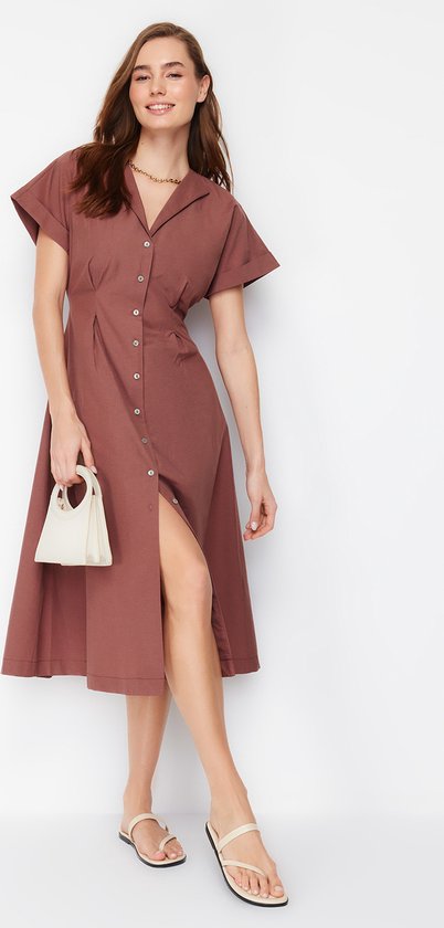 Trendyol Bruine Midi-Geweven Overhemdjurk Met Tailleopening Twoss24El00052