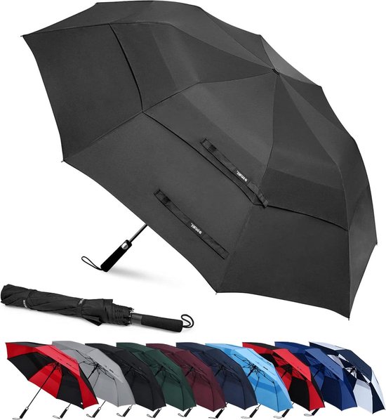 Kalolary 68 inch UPF 50 UV automatische reis-golfparaplu, extra grote automatische paraplu, golfparaplu, opvouwbaar, dubbel voor dames en heren, zwart