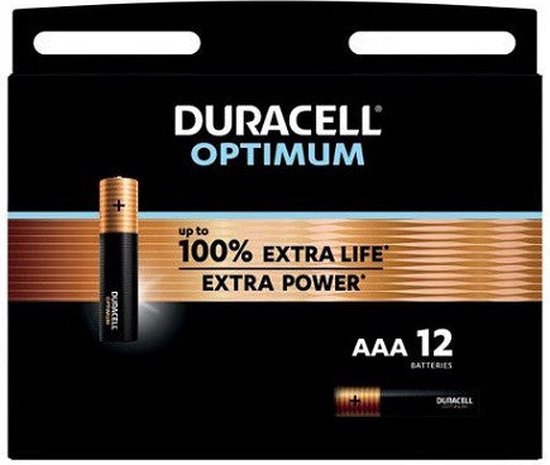 Emballage de piles Duracell Optimum AAA, avec 100% de durée de vie supplémentaire et puissance supplémentaire.