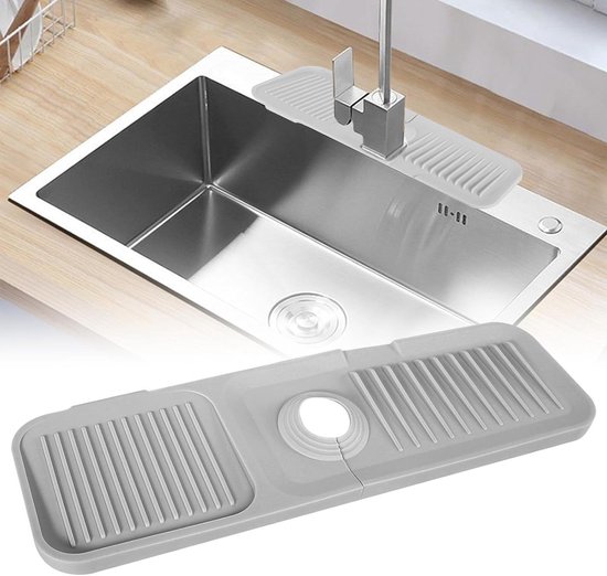 LeKuni Droogmat voor gootsteen, diatomeeënaarde stenen gootsteen spatmat, kraan spatbescherming, absorberende pannenmat, gootsteenmat voor keuken en badkamer [lichtgrijs, 60 x 10 cm