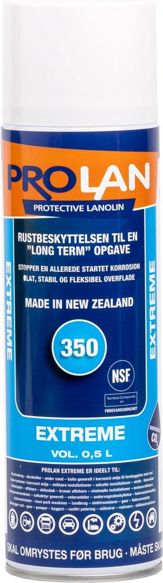 Prolan Extreem 350 Spraycan 500ml Conservering tectyl demping tectyl anti-steenslag smering rustbuster lanoline teakolie impregneer anti-roest duurzaam Fertan Dinitrol Owatrol RX Underbody waxcoating Teroson bodysafe antisteenslag wolvet WD40