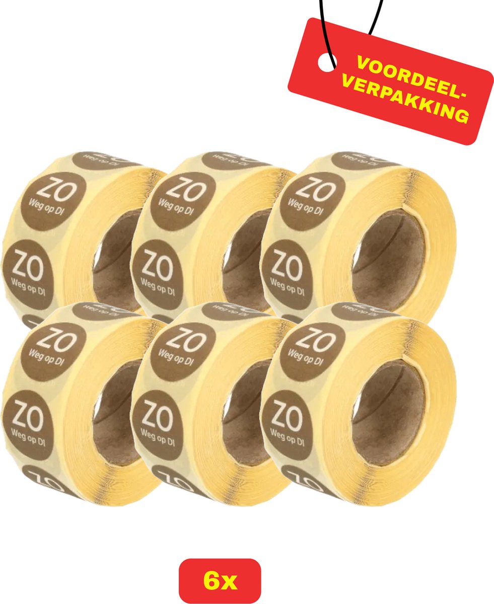 6X HACCP datumstickers Rol "Zondag weg op dinsdag" - Voordeelverpakking!
