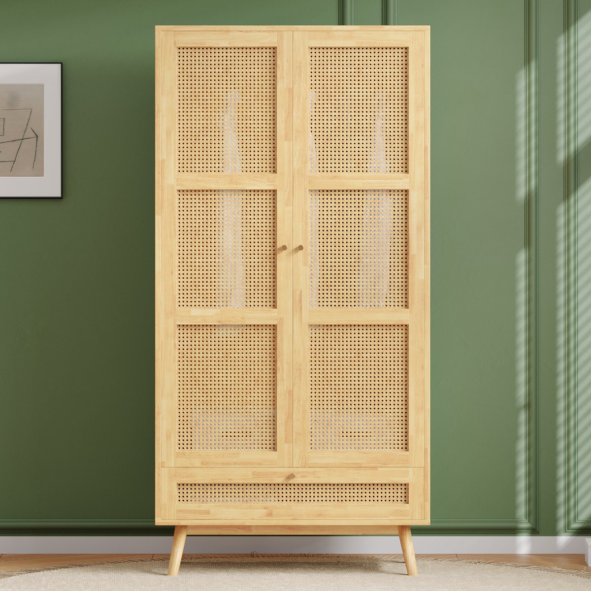Sweiko Garderobe met paal, Dubbele Deurkast, Slaapkamer,Rotan gaas,Woonkamer, met bodemflip cover, spaanplaat+PE rotan,Houten kleur