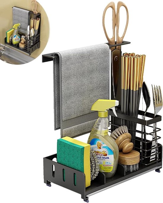 Spoelbak-organizer, gootsteenorganizer, roestvrij staal, met zelfledigende afvoer, voor sponshouder, handdoekhouder, spoeldoekhouder, super organizer voor keuken en badkamer, zonder boren Spoelbak-organizer, gootsteenorganizer, roestvrij staal, met zelfledigende afvoer, voor sponshouder, handdoekhouder, spoeldoekhouder, super organizer voor keuken en badkamer, zonder boren