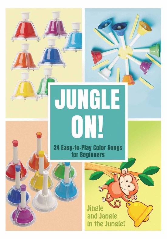 Ensemble de 24 cloches de couleur. L'ensemble comprend le texte "JUNGLE ON! 24 Easy-to-Play Color Songs for Beginners" et une image de singe avec une cloche.