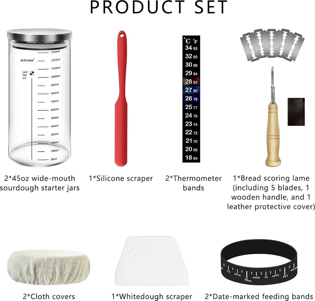 Artcome Zuurdesem Starter Jar Kit - 2 Glazen Potten 40 Oz Met Accessoires - Compleet DIY Brood Bakken Set