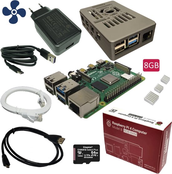 Raspberry Pi 4B - starter kit - 8GB - met ventilator - 64GB SD-kaart