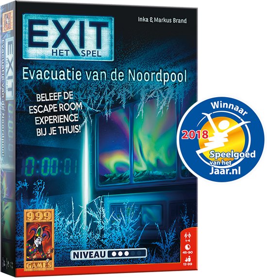 Doos 'EXIT - Evacuatie van de Noordpool' met 'Winnaar Speelgoed van het Jaar 2018' sticker. Donkerblauw met noorderlicht boven besneeuwde ruimte.
