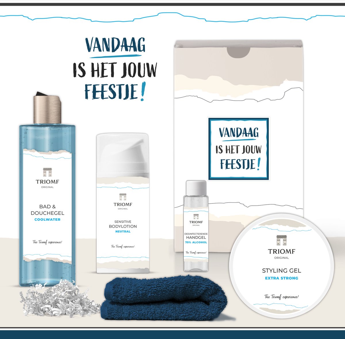 Goedkoopste Geschenkset “Vandaag is het jouw feestje!” - 5 producten - 700 gram | Triomf Original - Giftset voor hem - Cadeau Speciaal voor jou - Luxe wellness cadeaubox Douchegel - Cadeaupakket Man - Geschenk Geslaagd - Gift Set Party - Verjaardag Pakket Blauw