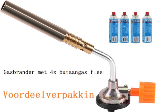 Gasbrander met 4 butaangasflesjes, voordeelverpakking.