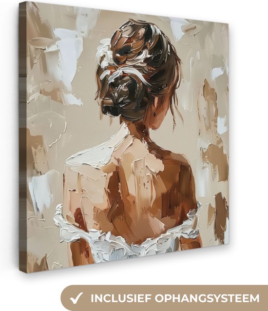 Canvas schilderij 20x20 cm - Wanddecoratie Vrouw - Verf - Abstract - Beige - Modern - Muurdecoratie woonkamer - Slaapkamer decoratie - Kamer accessoires - Schilderijen op canvas