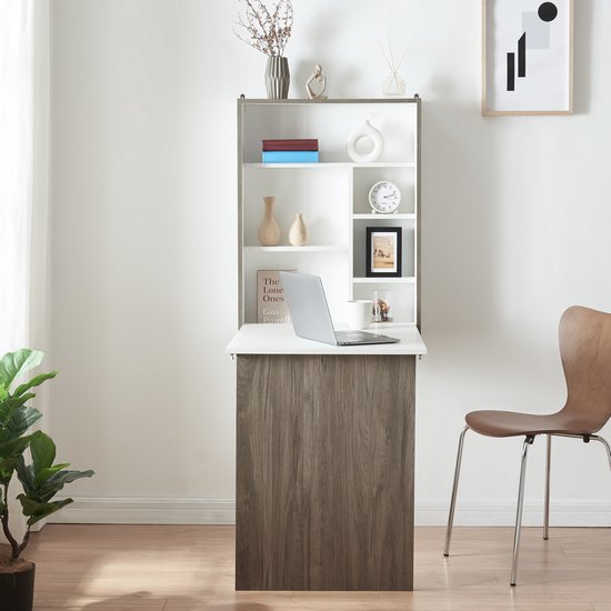 Grijze houten klaptafel met open schapgedeelte, functioneel ingericht met laptop en decoratie.