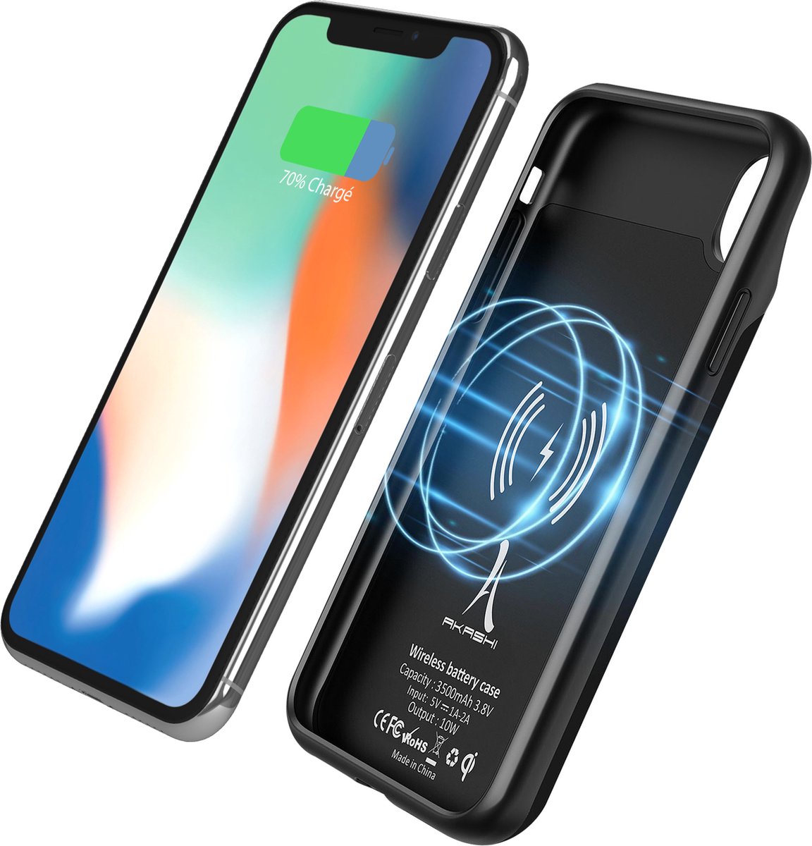 Akashi, Coque pour Geschikt voor Apple iPhone X / XS Protection Rigide 2 en 1 Batterie 3500mAh, Zwart