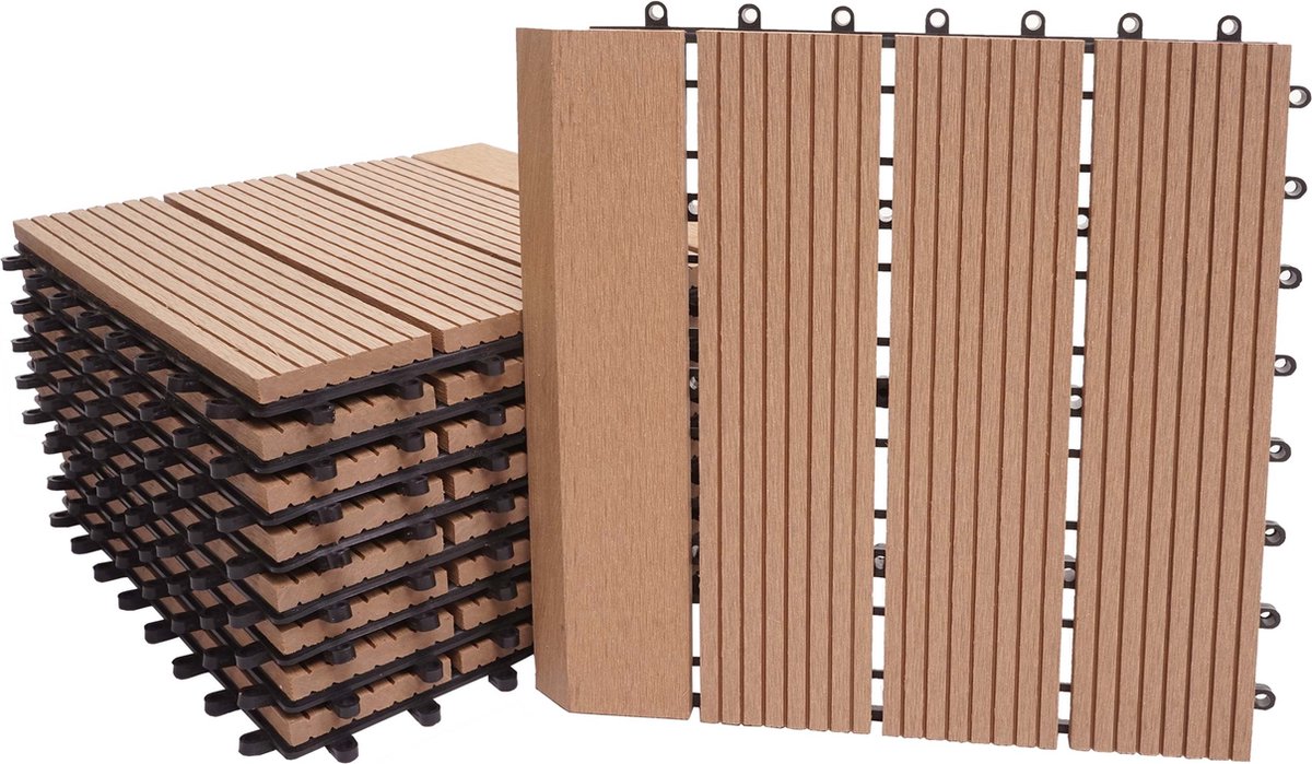 WPC vloertegel Rhone + afwerking, houtlook balkon/terras, 11x elk 30x30cm = 1m² Premium ~ teak lineair verticaal