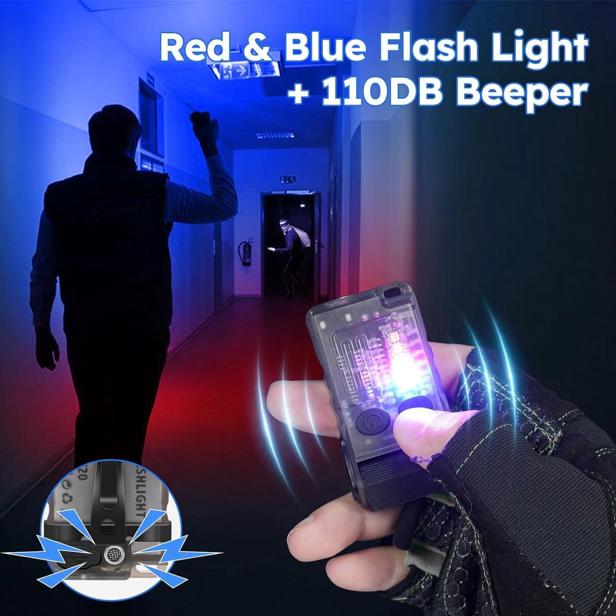 Led-cliplamp met rood licht, mini-zaklamp, 300 lumen, heldere USB