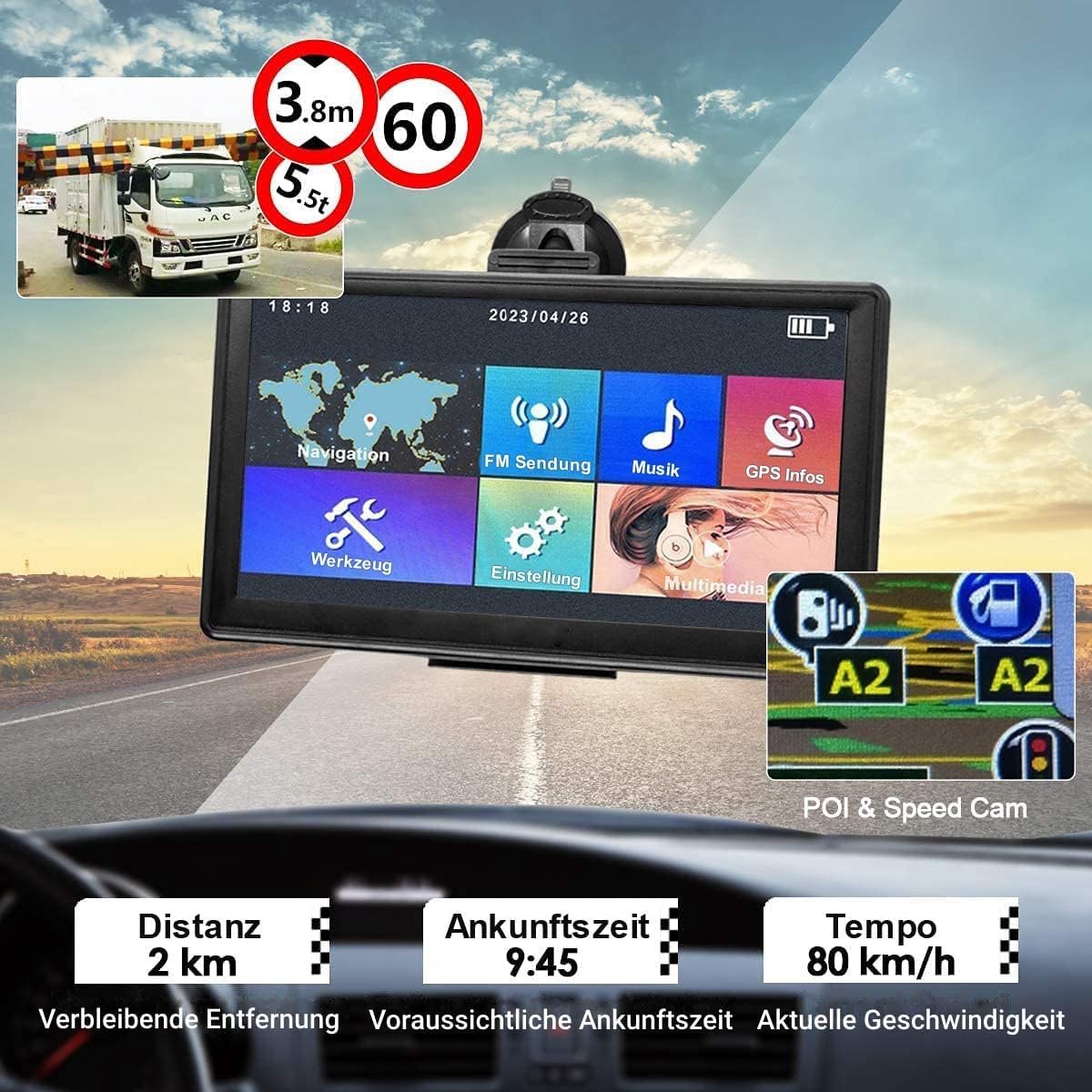 GPS for car and truck, 7 inch touchscreen navigator with the latest 2023 map of the EU 52 countries, free lifetime updates, 8G 256G voice streaming, flash alert, traffic warning