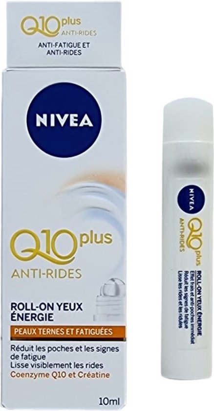 NIVEA Q10 PLUS Anti-Rides roll-on oogroller en de bijbehorende doos. Beide met tekst 'Roll-on Ogen Energie'.