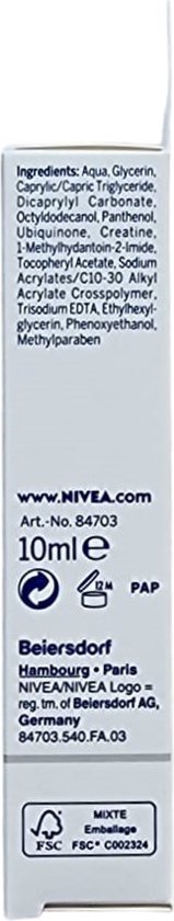 Zijkant van de verpakking met ingrediëntenlijst en merk-/adresgegevens. Inhoud 10ml.