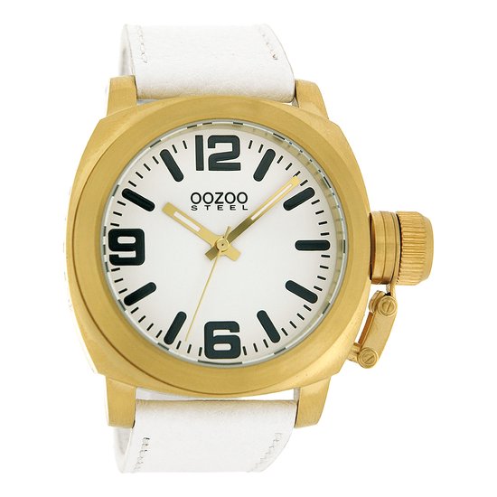 OOZOO Timepieces - Goudkleurige horloge met witte leren band - OS158