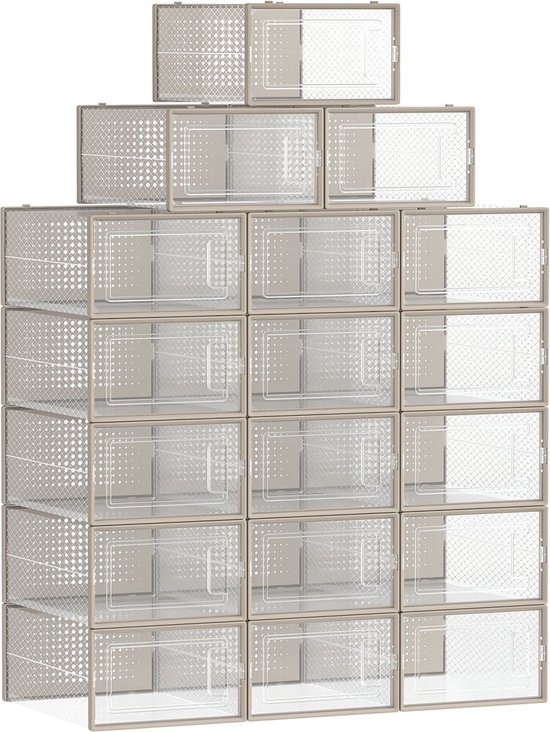 Rootz 18 Pack Shoe Box Organizer - Storage Container - Clear Plastic Bins - Stackable - PP Material - ABS Frame - 33.5cm x 23.2cm x 14.3cm