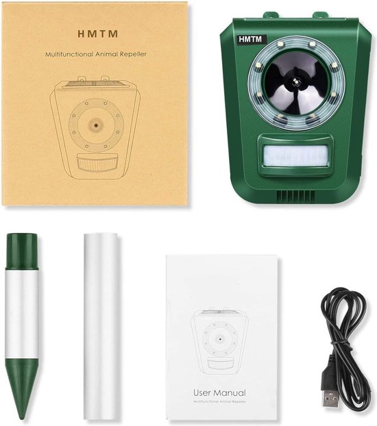 HMTM/INTEY Kattenafweer voor buiten, kattenafweer en ultrasoon, opladen via USB, kat, tuin voor binnenplaats, boerderij, velden