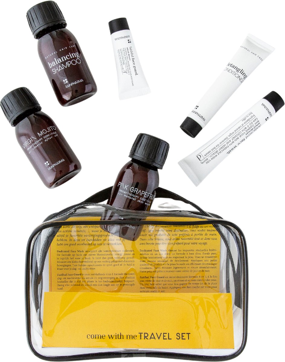 Goedkoopste RainPharma Come With Me Travel Set x Feeling - Travel Size Shampoo, Conditioner, After Oil, Skin Wash, Face Wash - Toilettas
