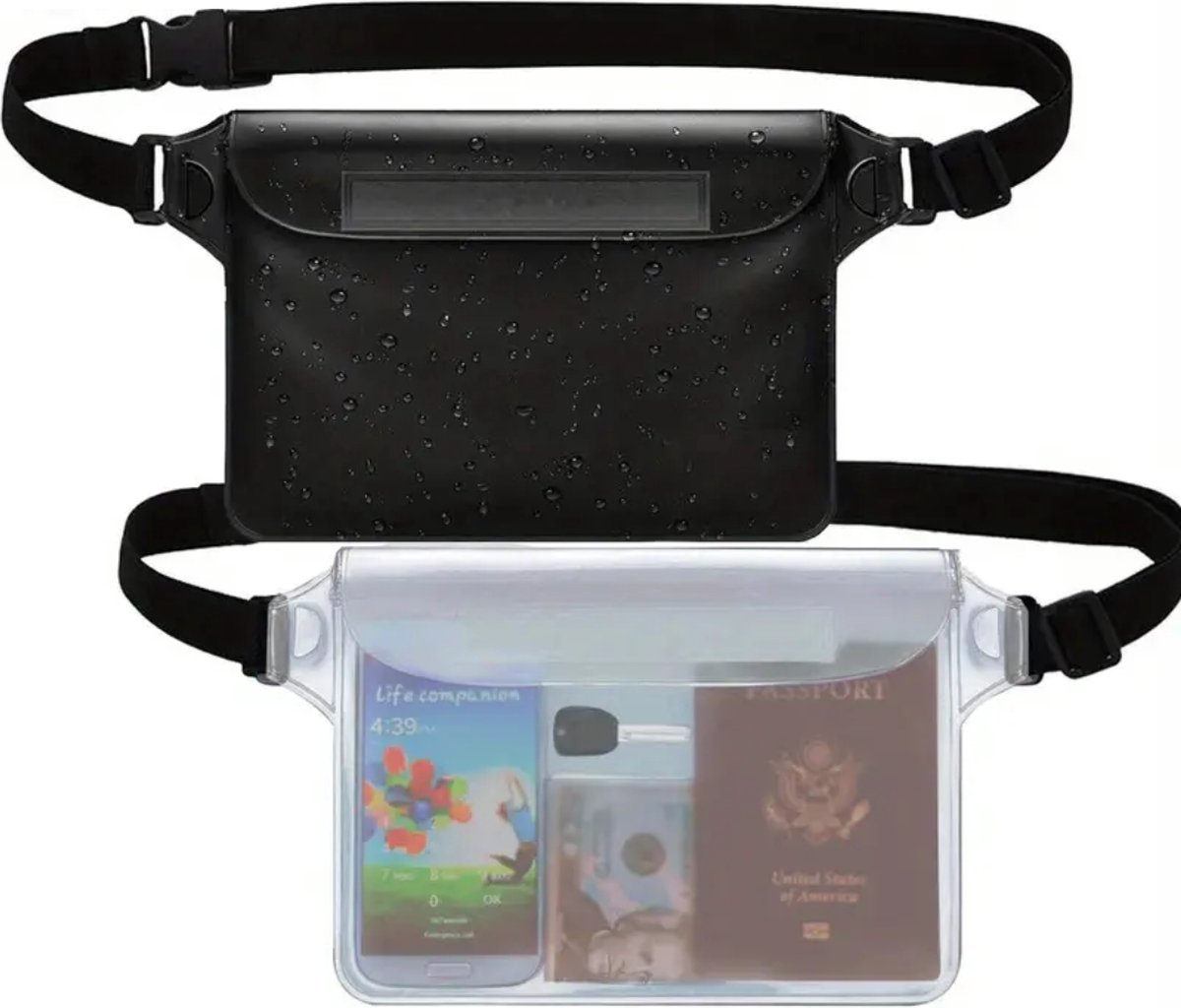 Livano Waterdichte Telefoonhoesjes - Waterdicht Telefoonzakje - Waterproof Festival Opbergtasje - Documententasje - Waterbestendig - 2 Stuks Zwart & Transparant
