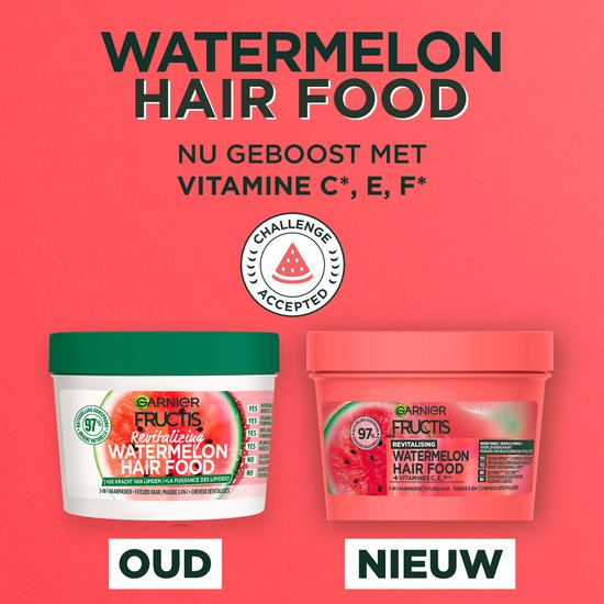 Comparaison Garnier Fructis Watermelon Hair Food ANCIEN vs NOUVEAU, avec sticker "challenge accepted".