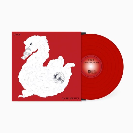 Rode vinylplaat met hoes waarop een witte vogel van papierafval is afgebeeld, met de tekst O.R.B. en TAILLEM BEND.