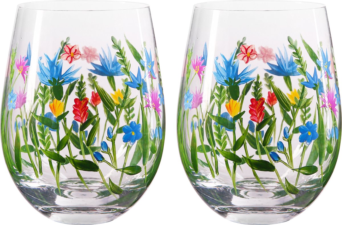 Livellara Milano Flora "Flowerfield" een set van 2 tumbler/mocktail glazen - handbeschilderd met veldbloemen