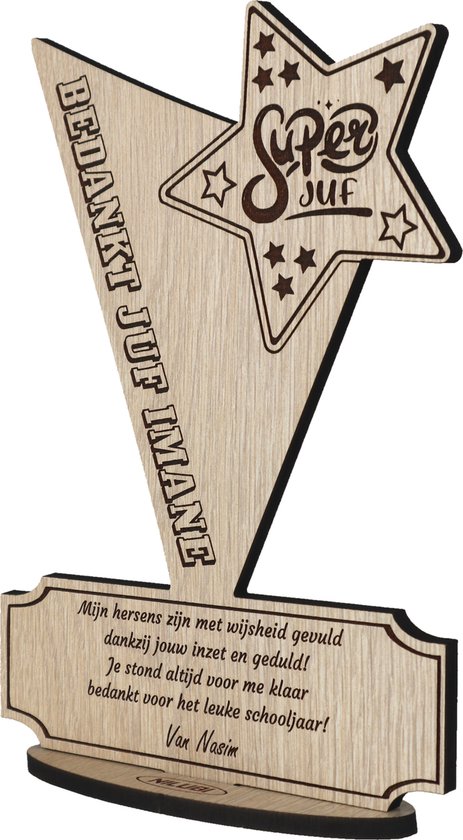 Award Juf - bedankt juffrouw - gepersonaliseerde houten wenskaart - kaart van hout om lerares van school te bedanken met eigen tekst